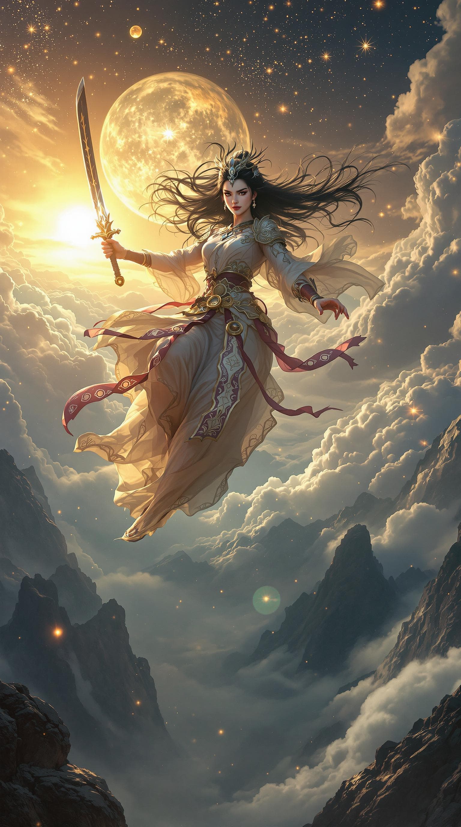 AI generated: An ultra-wide cinematic scene of a fierce and elegant Hmong warrior princess, angel soaring through ...