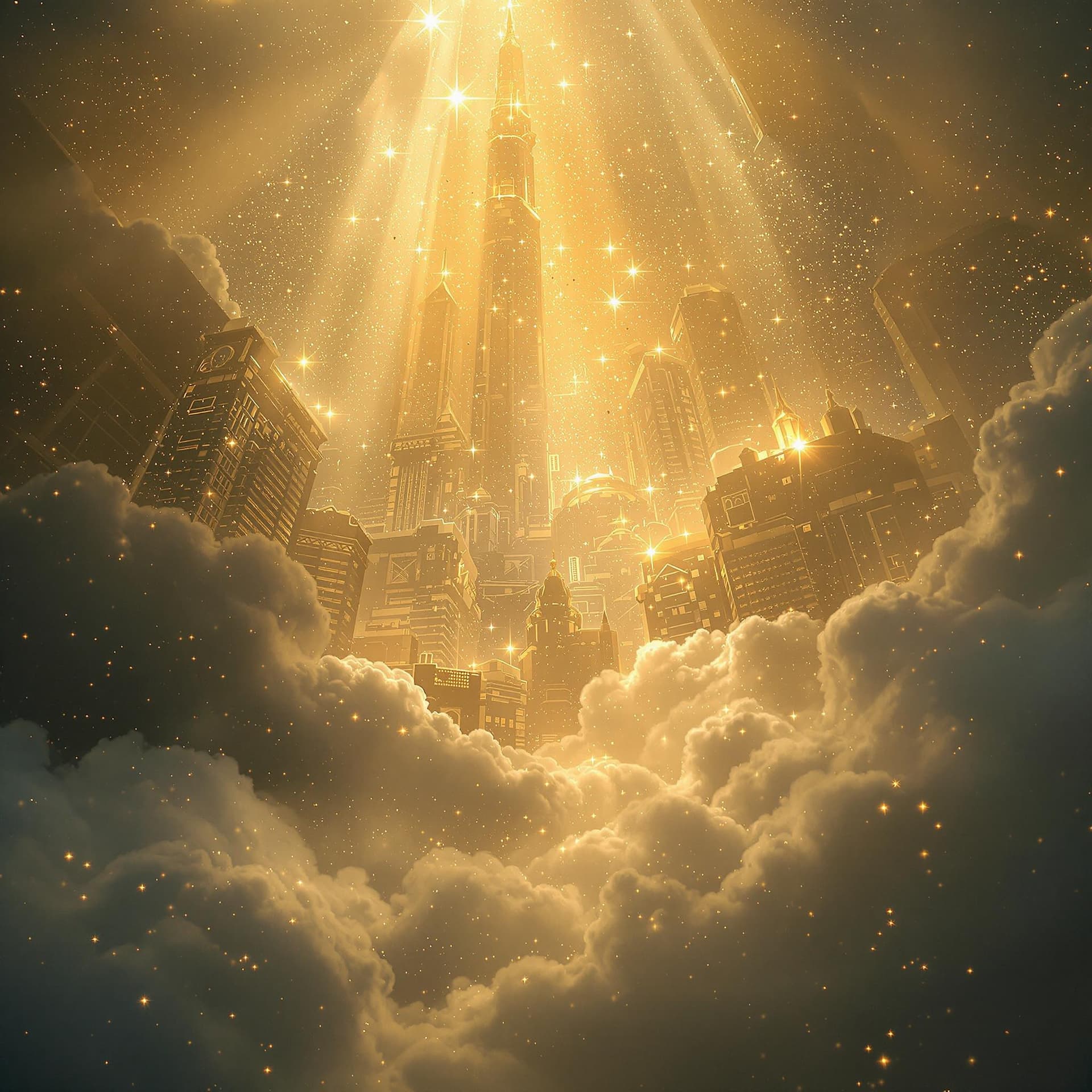 AI generated: A fine art, hyper-realistic, cinematic image of God's golden city heaven spread out, Brilliant white...
