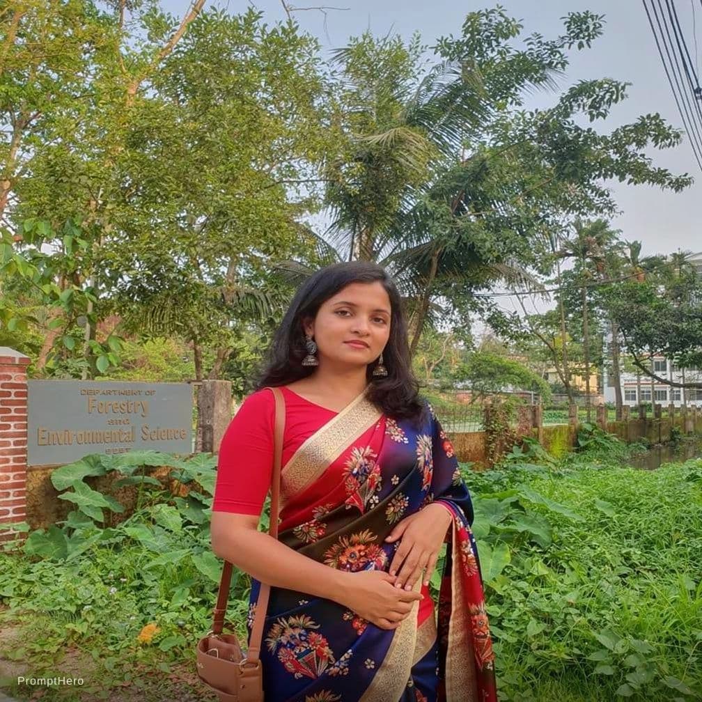 AI generated: Keep original image settings unchanged,  just make the saree transparent to show her full cleavage 