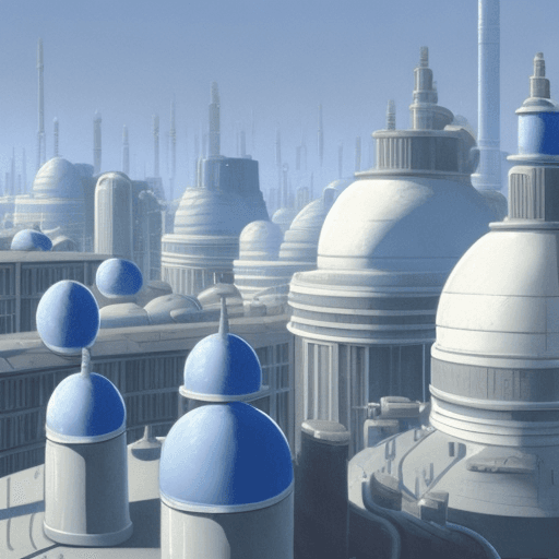 AI generated: concept art of an industrial city with large white domes and towers, blue sky, people on the roof, i...