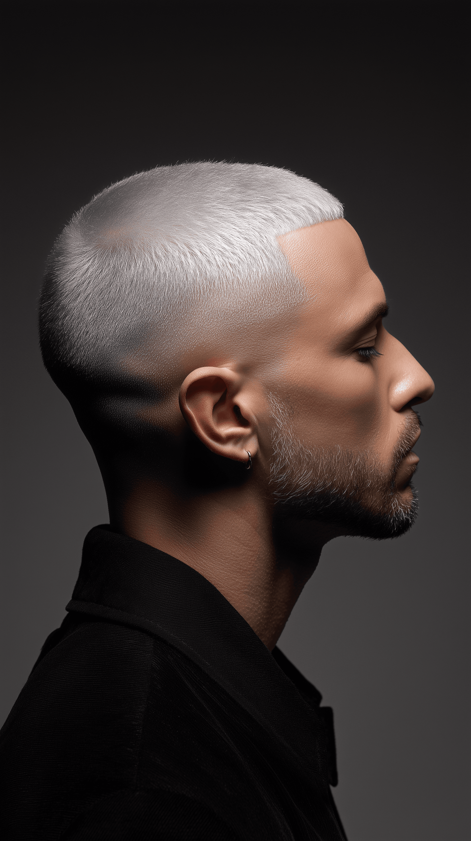 AI generated: hair photography, side view, man, skin fade buzz cut hair style, silver hair color, Sony A7R IV full...