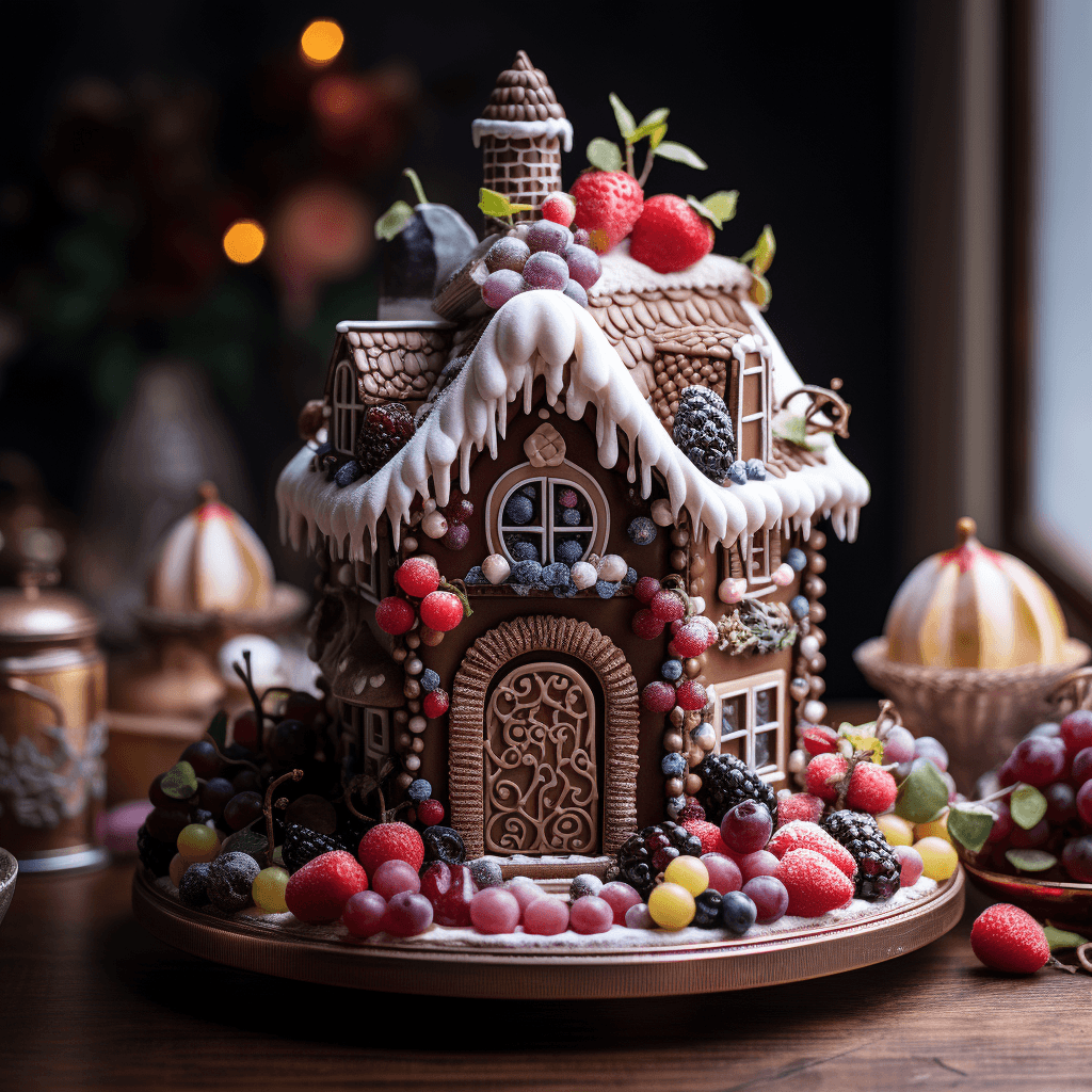 AI generated: a christmas gingerbread house, chocolate icing, frosting, fruits