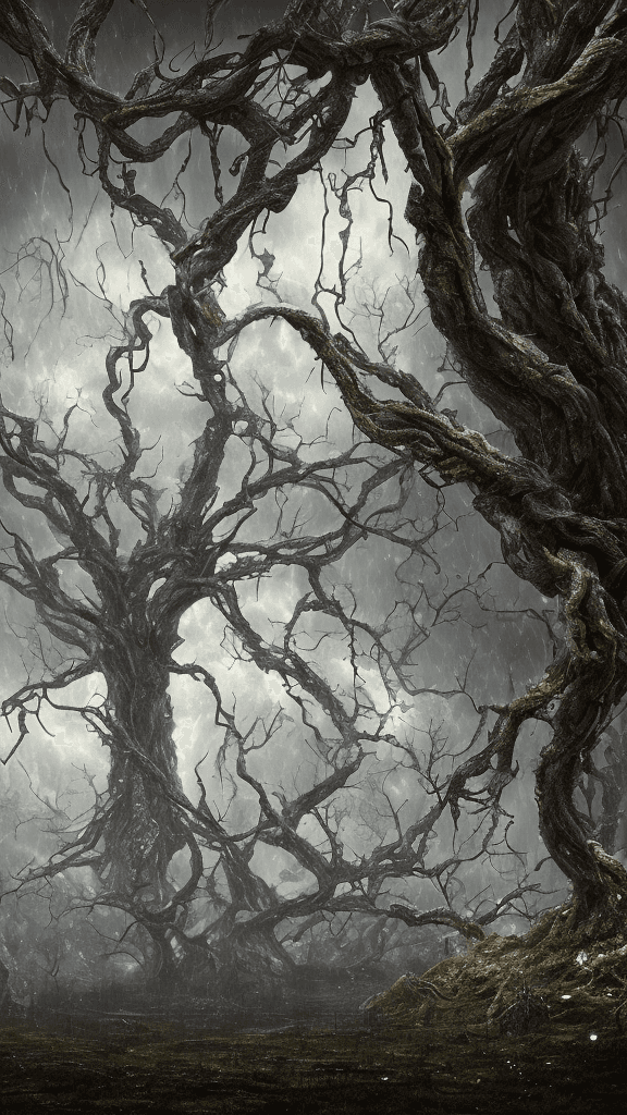 AI generated: High resolution photography, landscape of trees with dry branches without leaves, hearts tied with t...