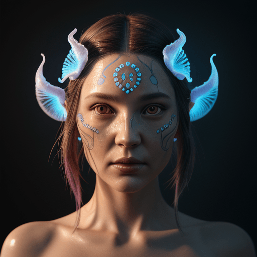 AI generated: Goddess close-up portrait ribcagel. jellyfish phoenix head, nautilus, orchid, skull, betta fish, bio...