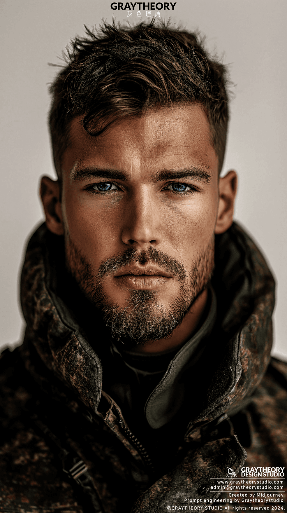 AI generated: Photograph, man, model, minimalist millitary, brown cut hair, beard, gaze, solid white environment, ...