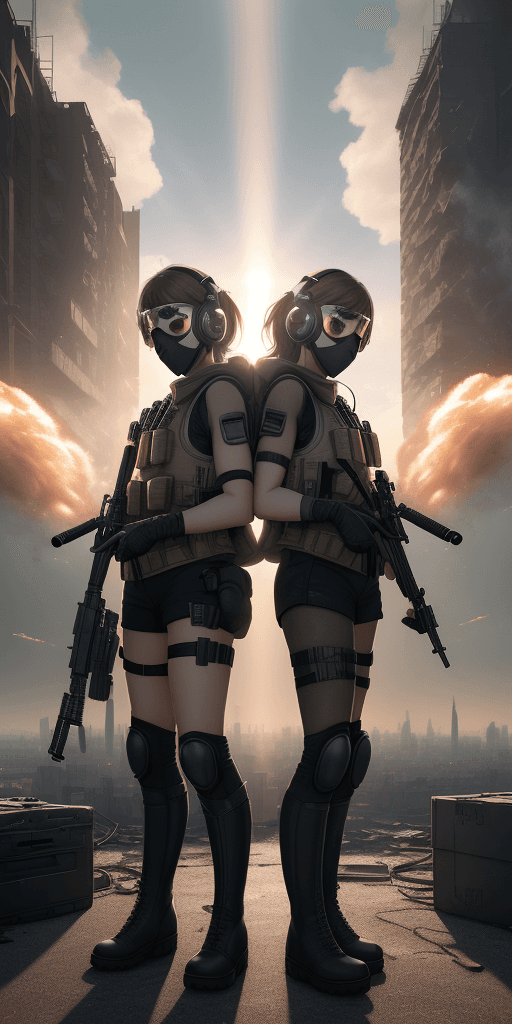 AI generated: ((high quality)), ((masterpiece)), 8k, 2girls, bulletproof vest, light rays, extremely detailed CG u...