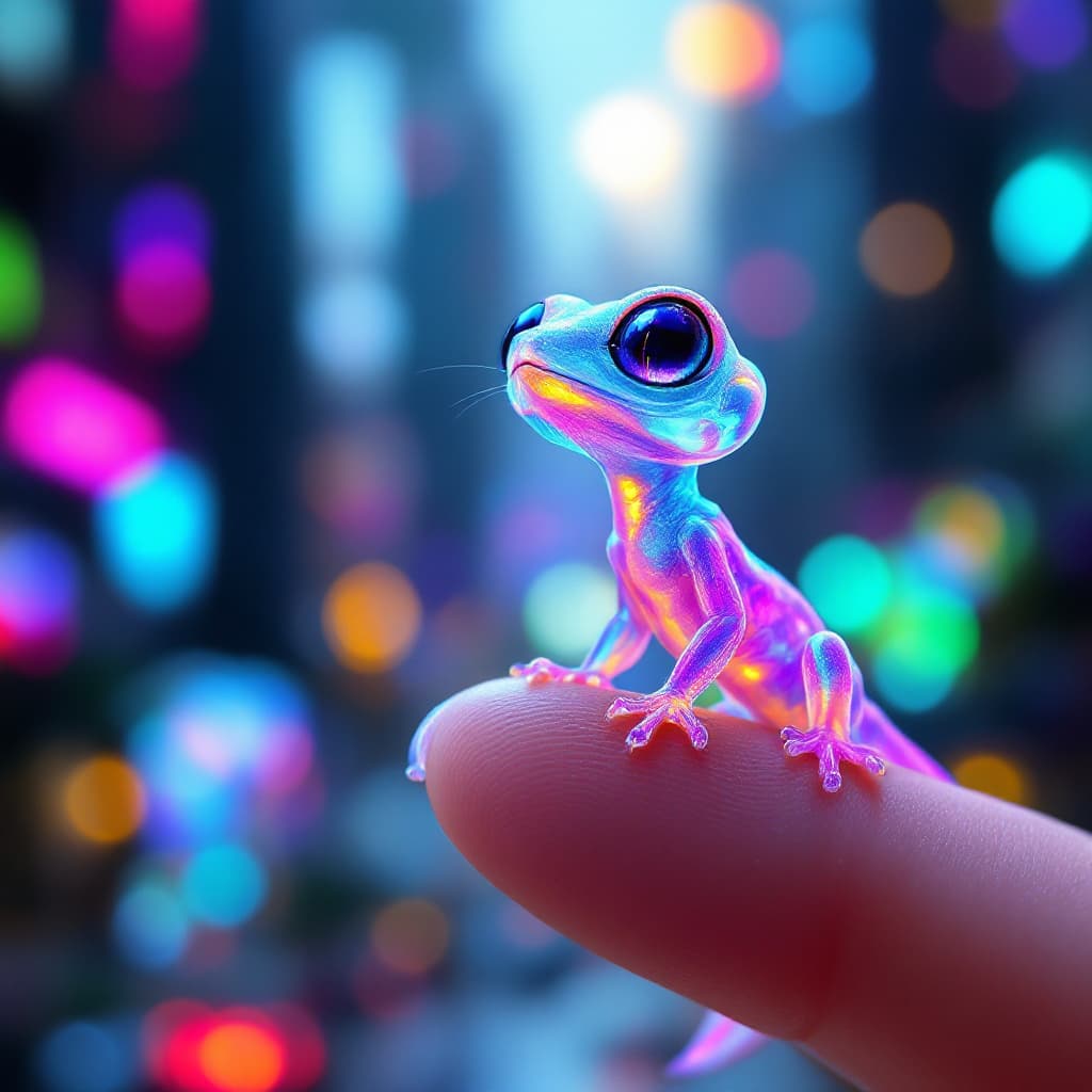 AI generated: A tiny alien gecko with translucent, crystalline skin that refracts light into dazzling rainbow colo...