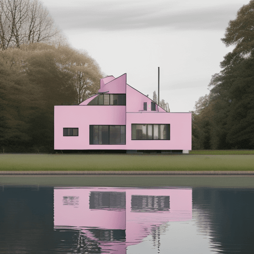 AI generated: small single-family house in Bauhaus style by the lake. View of the house from diagonally above, the...