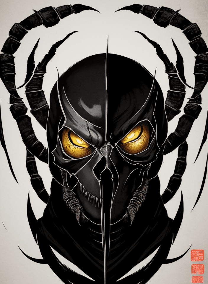AI generated: Scorpion from Mortal Kombat, skull face, warm white dull lifeless eyes, very scary character, close-...