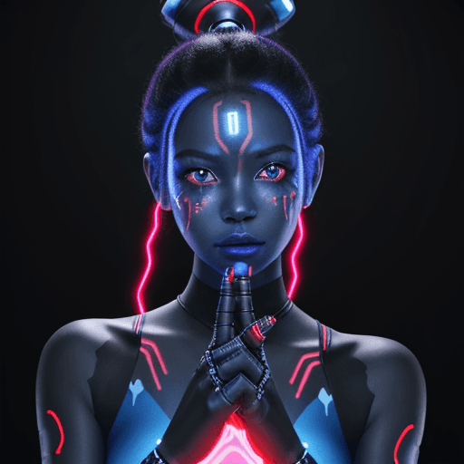AI generated: Ultra realistic Portrait of a black Robot girl  With red Glowing Tribal tattoos, in a singing Pose, ...