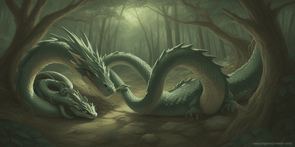 AI generated: Cute dragon and snake, anime, in the forest
