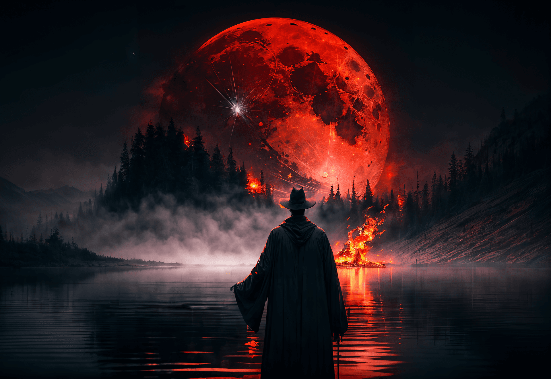 AI generated: illustration, dark theme, (red moon:1.2), (night, fog, dystopia, lake, burning hell, despair), robe,...