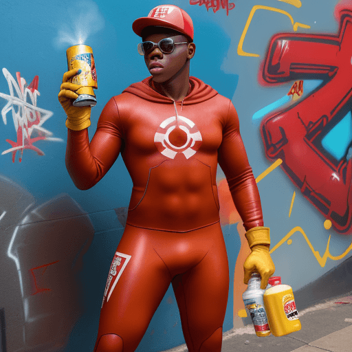 AI generated: JOHN BOYEGA IN A RED SPANDEX SUIT, WITH YELLOW GLOVES AND BOOTS , SUNGLASSES AND RED BACKWARDS CAP H...