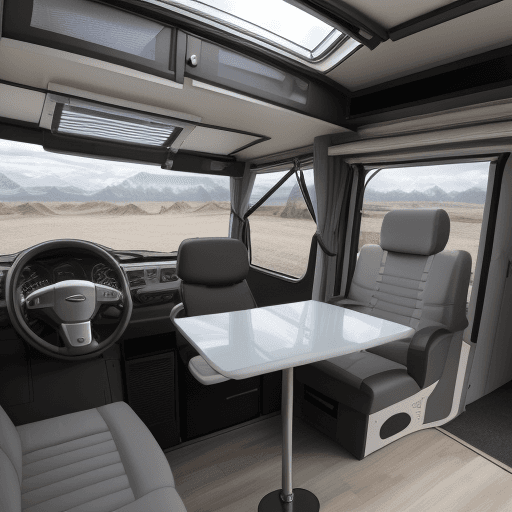 AI generated: Draw a modern motorhome with smooth and aerodynamic lines. The front features bright LED headlights ...