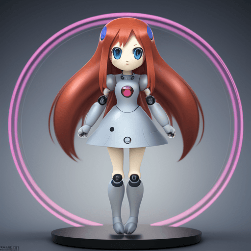 AI generated: Anime, 3D modeling, Chibii kawai, woman, long red hair, blue eyes, robotic body, mew, pokemon, robot...