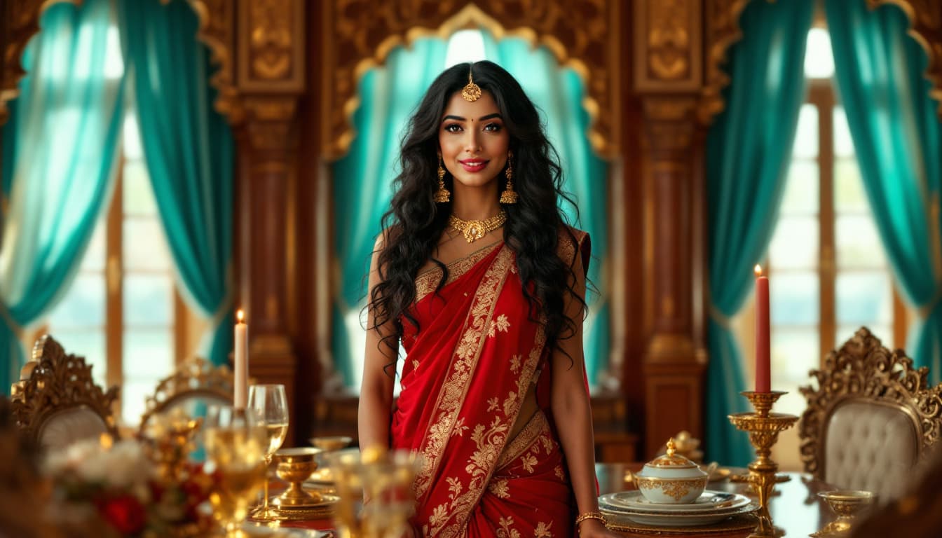 AI generated: A stunning full body portrait of an Indian woman, her gorgeous olive skin glowing with radiance, as ...