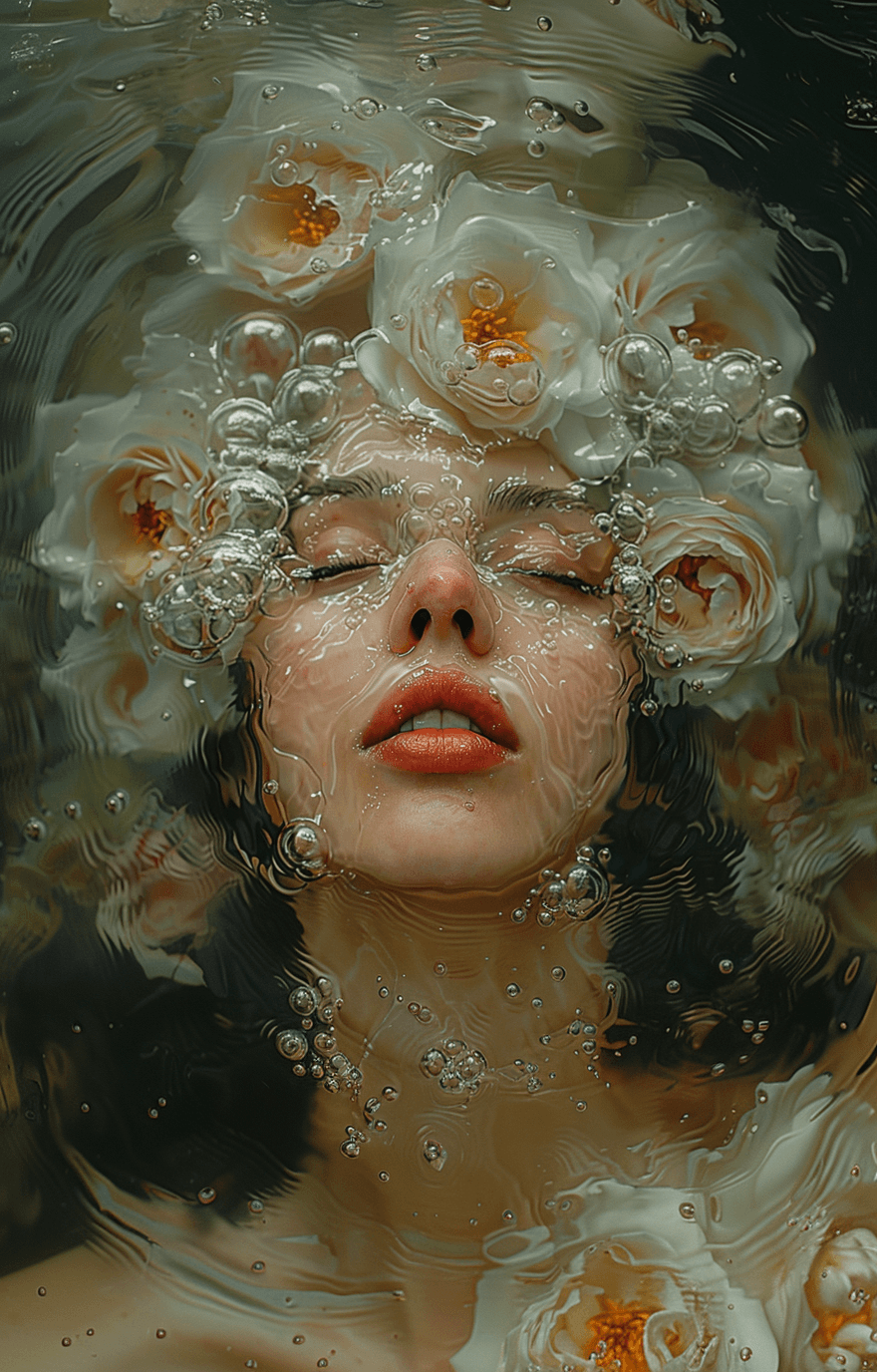 AI generated: a woman with her head covered in water, in the style of art nouveau-inspired illustrations, colorful...