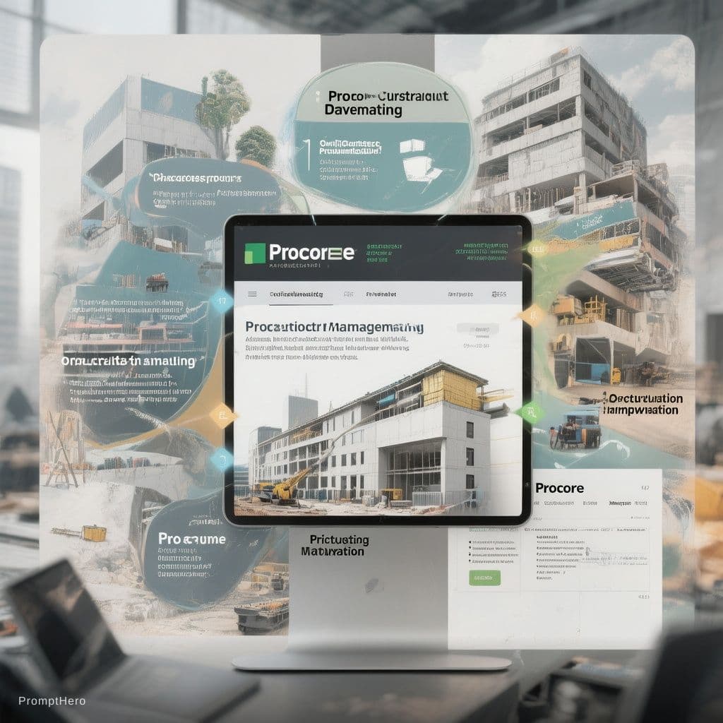 AI generated: infographic style visual showing the features of Procore construction management software in relatio...