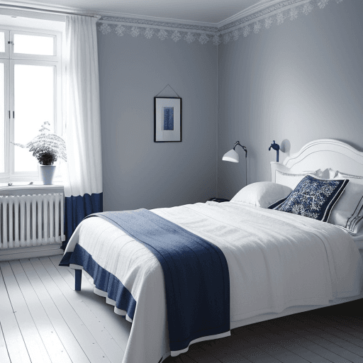AI generated: An editorial photograph of a cozy Scandinavian bedroom interior design, royal blue headboard, lush b...