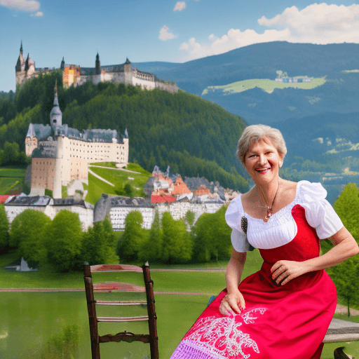 AI generated: Full body photography of an austrian mature woman wearing a traditional Dirndl tyrolean short dress,...