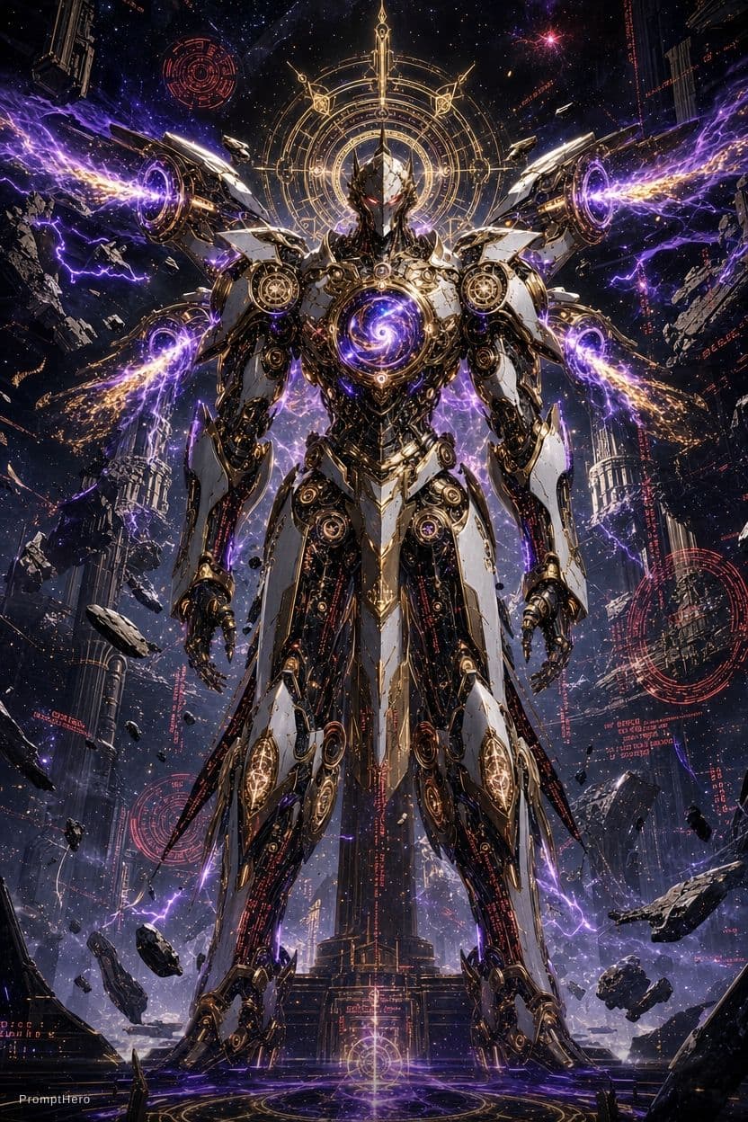 AI generated: A towering 8-foot-tall humanoid mechanical knight standing in absolute stillness, retaining the eleg...