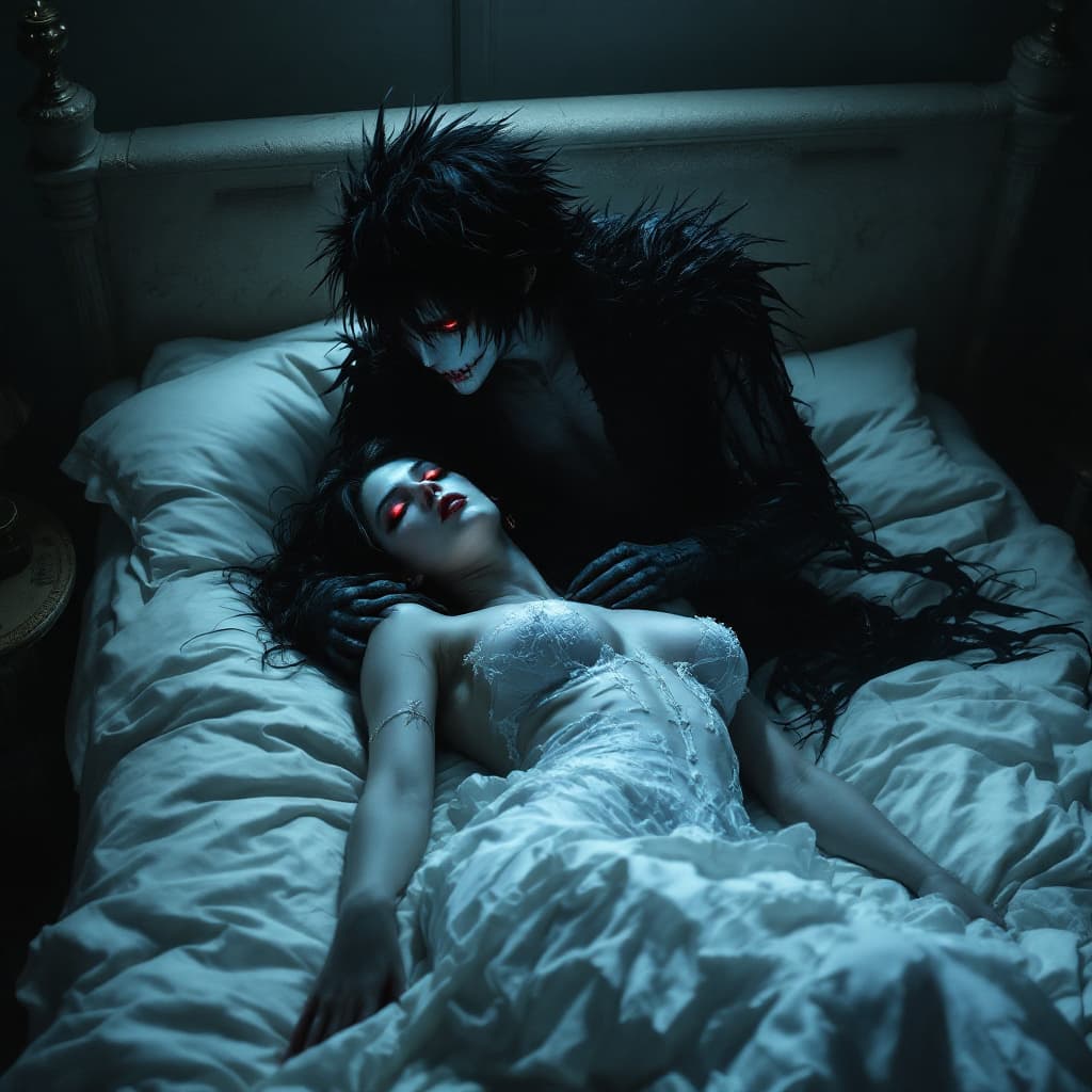 AI generated: le monstre de Death Note  Ryuk menaçant,  surplombe une très jolie jeune femme épaule découverte bod...