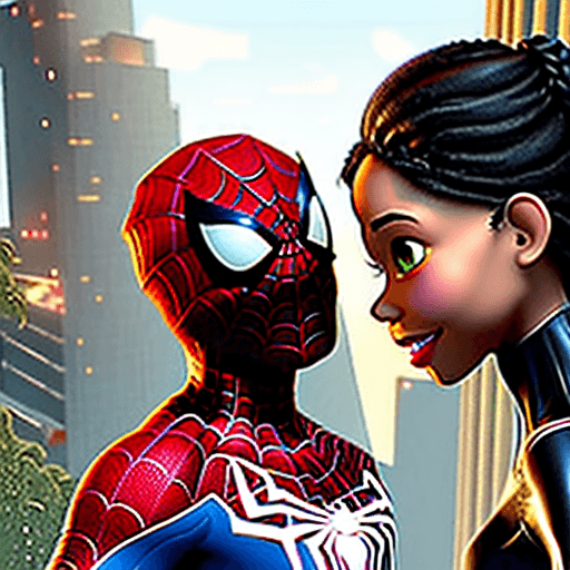 AI generated: genera a una pareja en estilo de las peliculas animadas de spider man miles morales con la chica con...