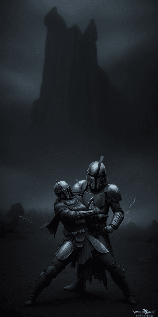 AI generated: (evil, never seen before, Mandalorian, Beskar Spear, dark atmosphere, sinister, terrifying, glowing ...