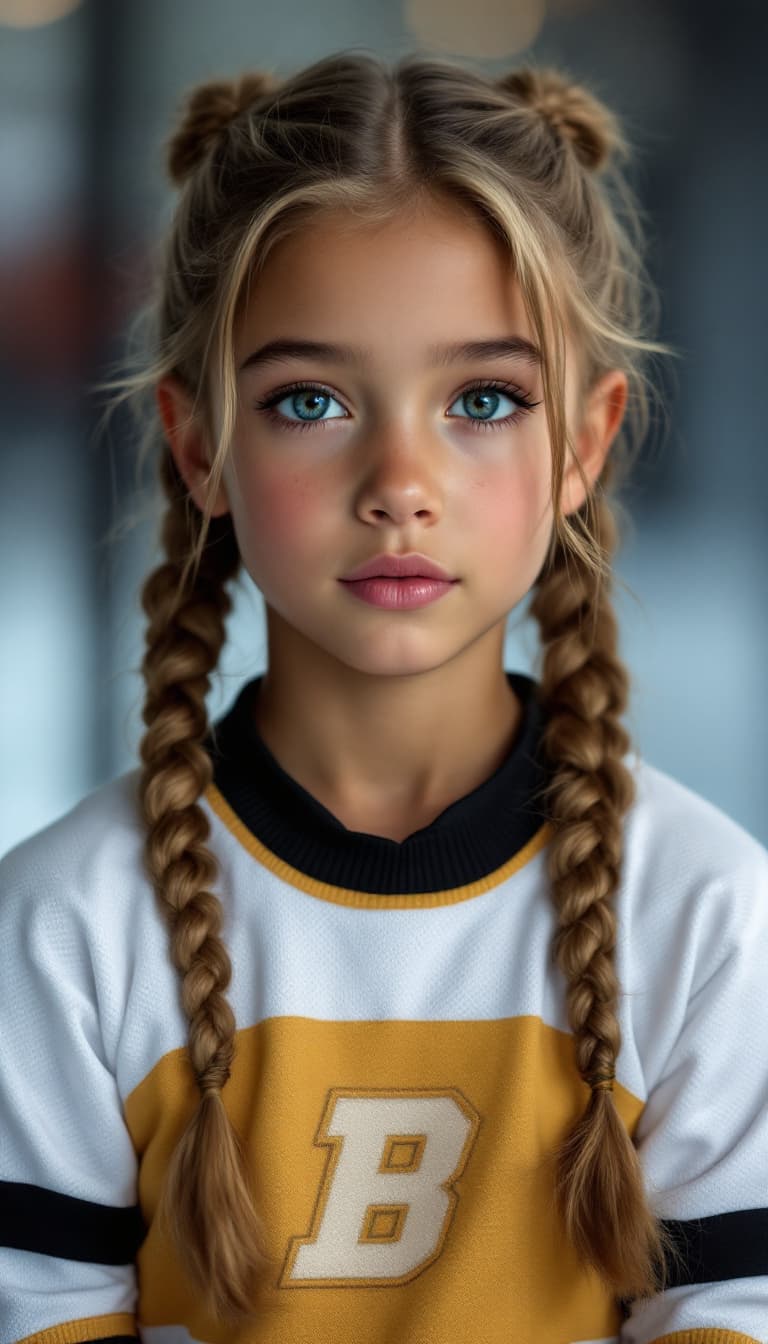 AI generated: a professional photo of a exceptionally beautiful boy in the world (age 7), (seven year old) cheer l...