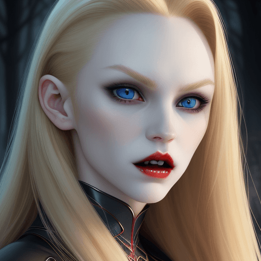 AI generated: Beautiful wide face of a female vampire with strong jawlines, long blonde hair, pale skin, blue eyes...