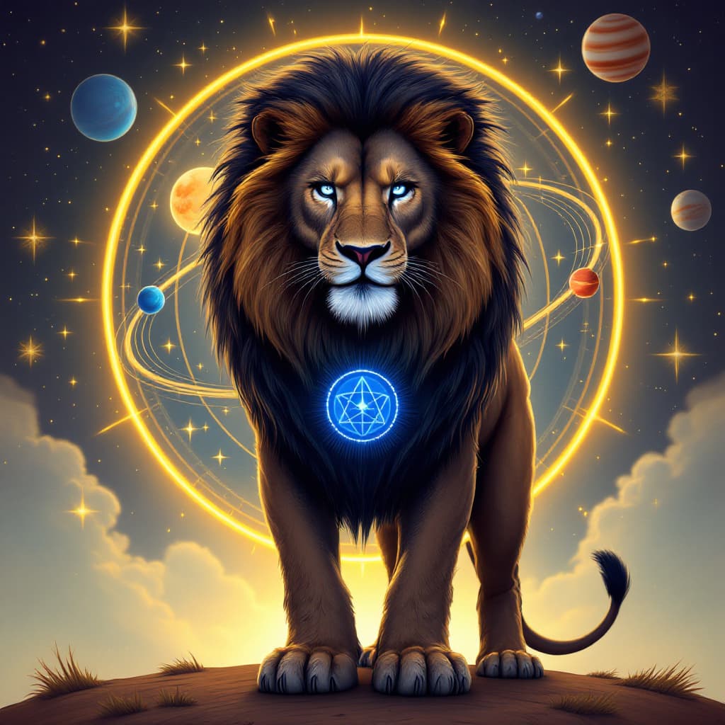 AI generated: A lion with blue eyes standing in front of an aura circle, add logo 'Adriano' surrounded by planets ...