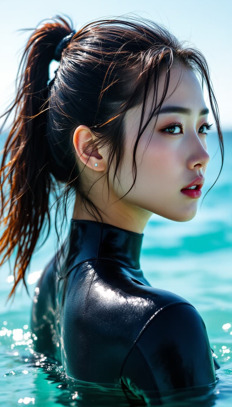 AI generated: High resolution image. Korean woman in black freediving suit. Focus on her back. Her gaze is to the ...