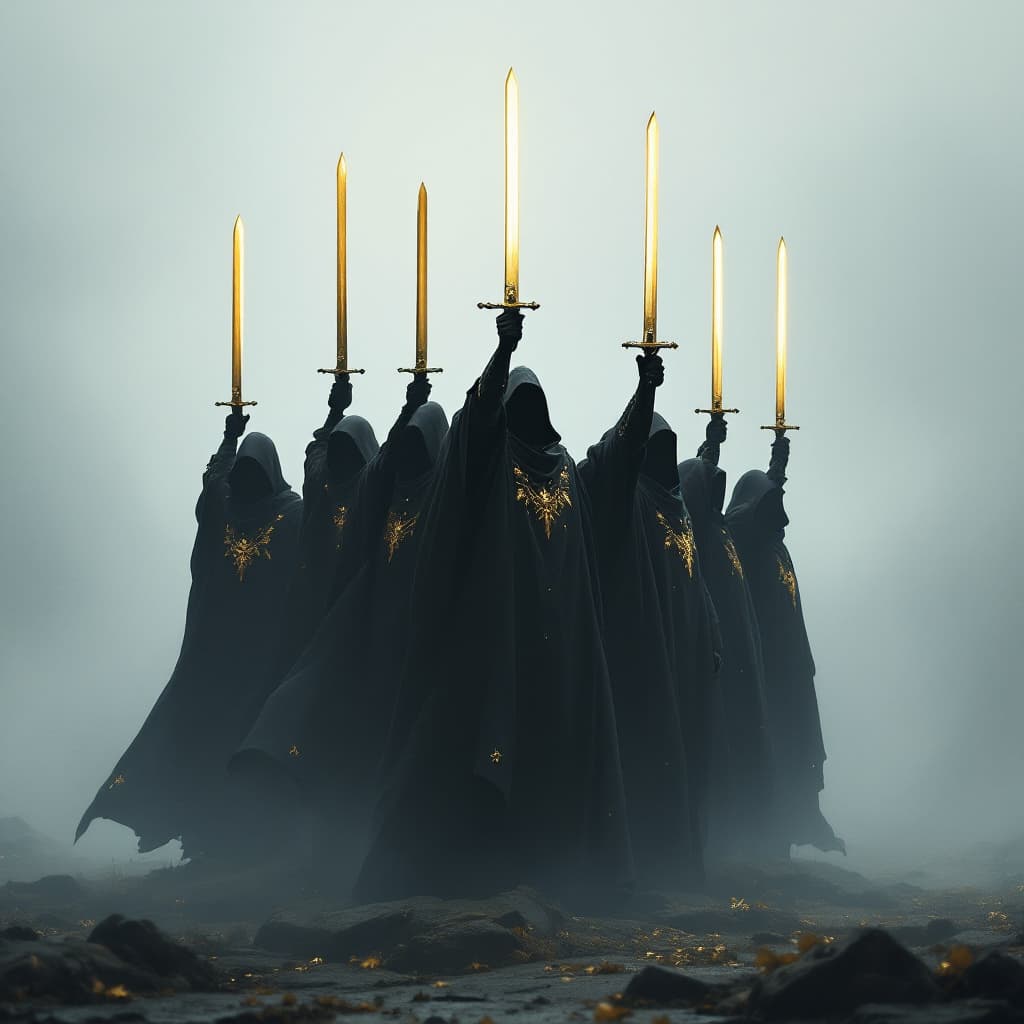 AI generated: In the fog stand seven swordsmen in black mantles with golden ornaments, their golden swords raised ...