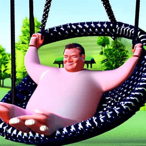 AI generated: A large, happy, chubby man swinging on a big, massive swing set. The swing is a large three-seater, ...