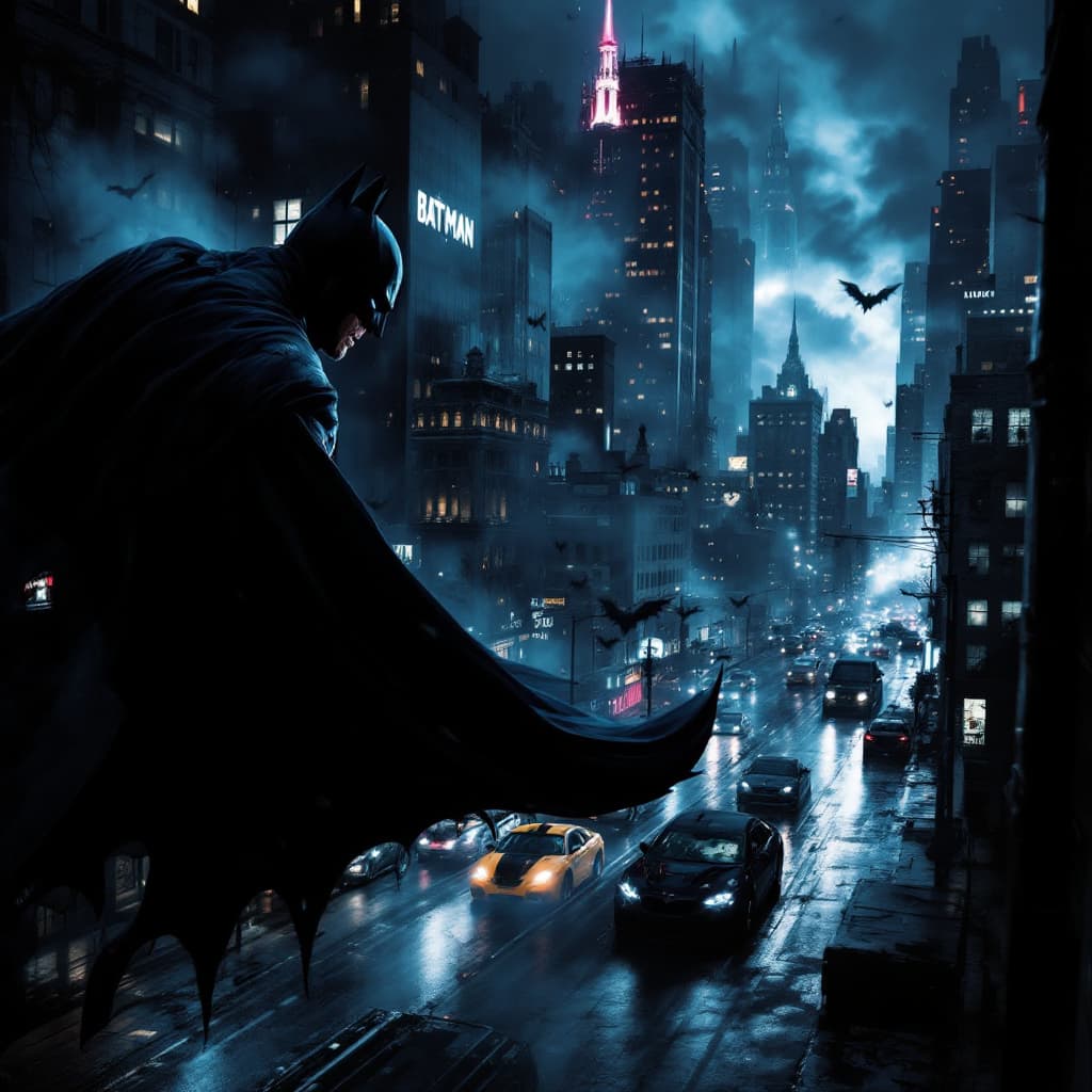 AI generated: Batman, Gotham city at night, Christopher Nolan style, drama and lifesaving, in dynamic, atmosphere ...