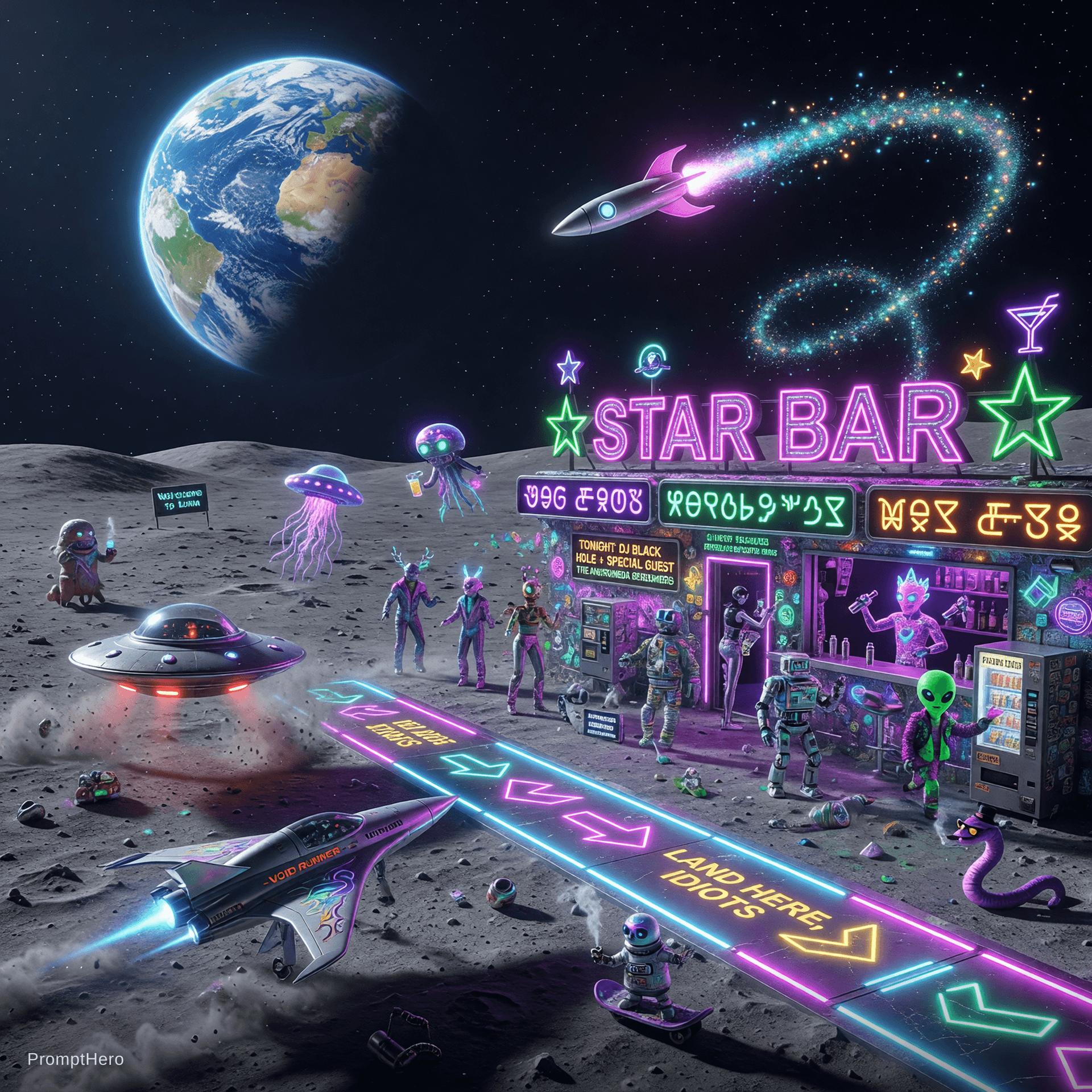 AI generated: A massive neon-lit STAR BAR built directly on the Moon’s dusty surface, glowing like the universe’s ...
