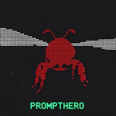 AI generated video: ASCII art style silhouette of a flying red bee, made entirely of glowing white dots on a pure black ...