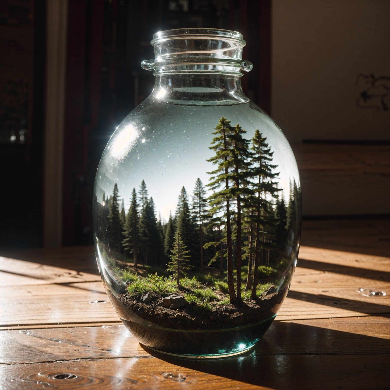 AI generated: RAW studio photo of (An intricate forest minitown landscape trapped in a bottle), atmospheric oliva ...