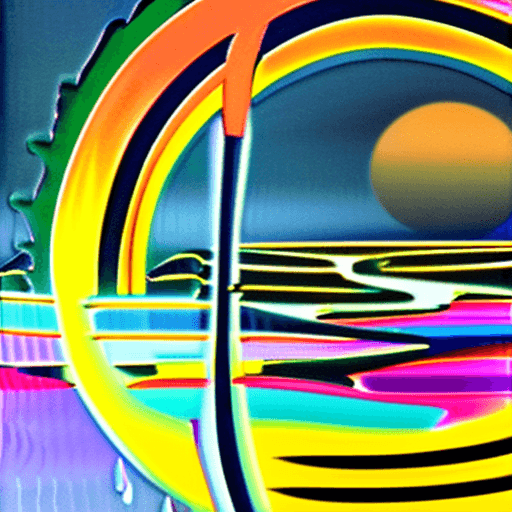 AI generated: 80s chrome and steel Retro Sunset,  water, gold, illustration, inspired by James Jean 80s chtome and...