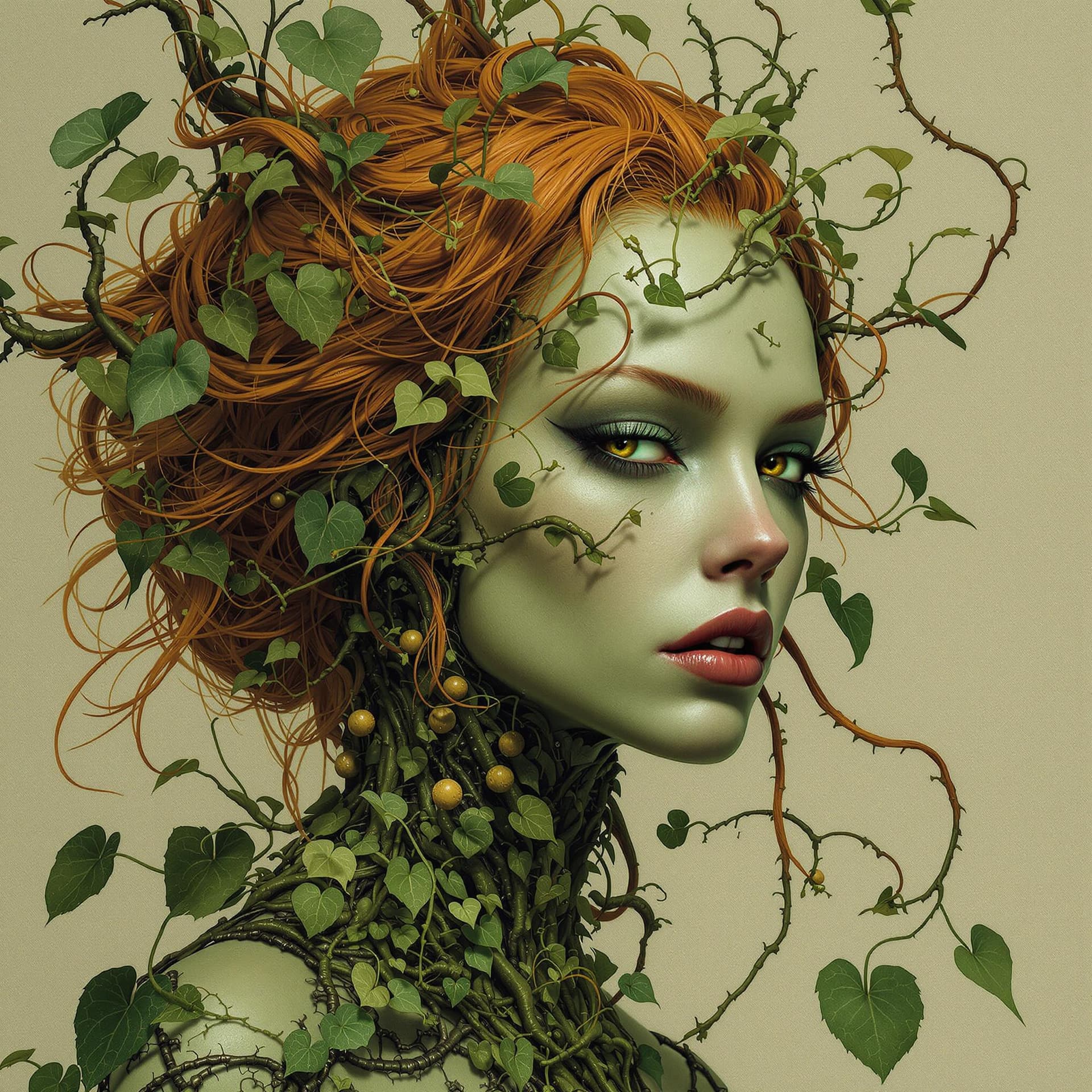 AI generated: hyperreal alien cyborg redhead Poison Ivy art by theo el, in the style of balanced symmetry, green h...