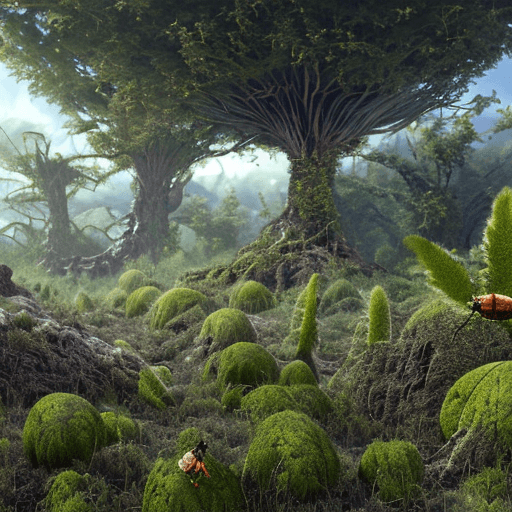 AI generated: Photorealistic image of an alien landscape with alien vegetation surrounded by several alien insects...