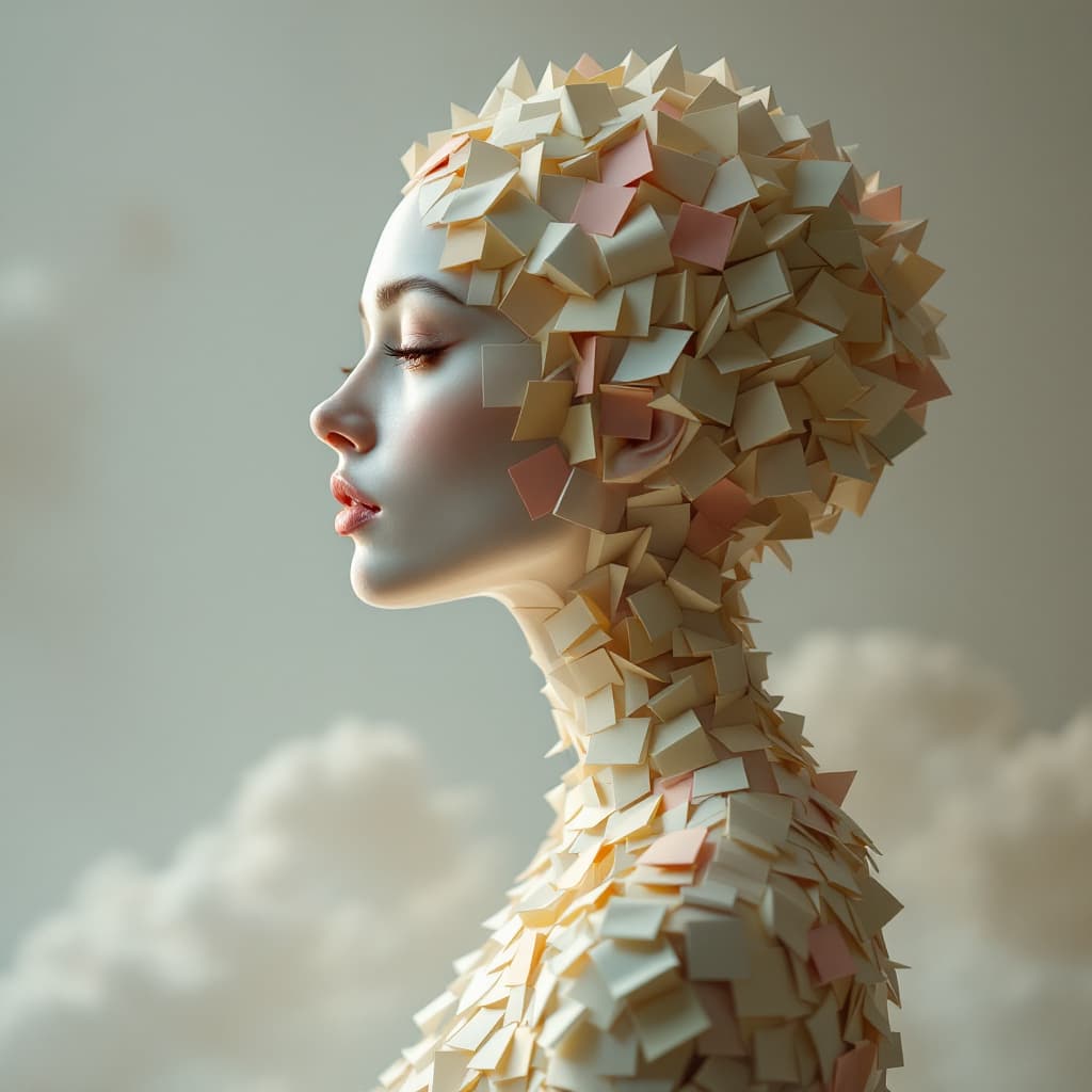 AI generated:  Ethereal side profile head and shoulders woman composed of intricately placed post-it notes , her s...