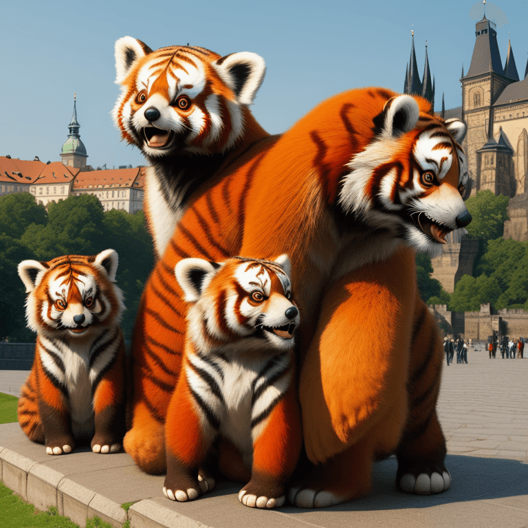 AI generated: Red panda, tiger, elephant posing in front of Prague Castle