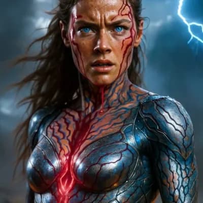 AI generated video: Camera shakes as lightning splits the battlefield. Thor Katla staggers, glowing storm-blood dripping...
