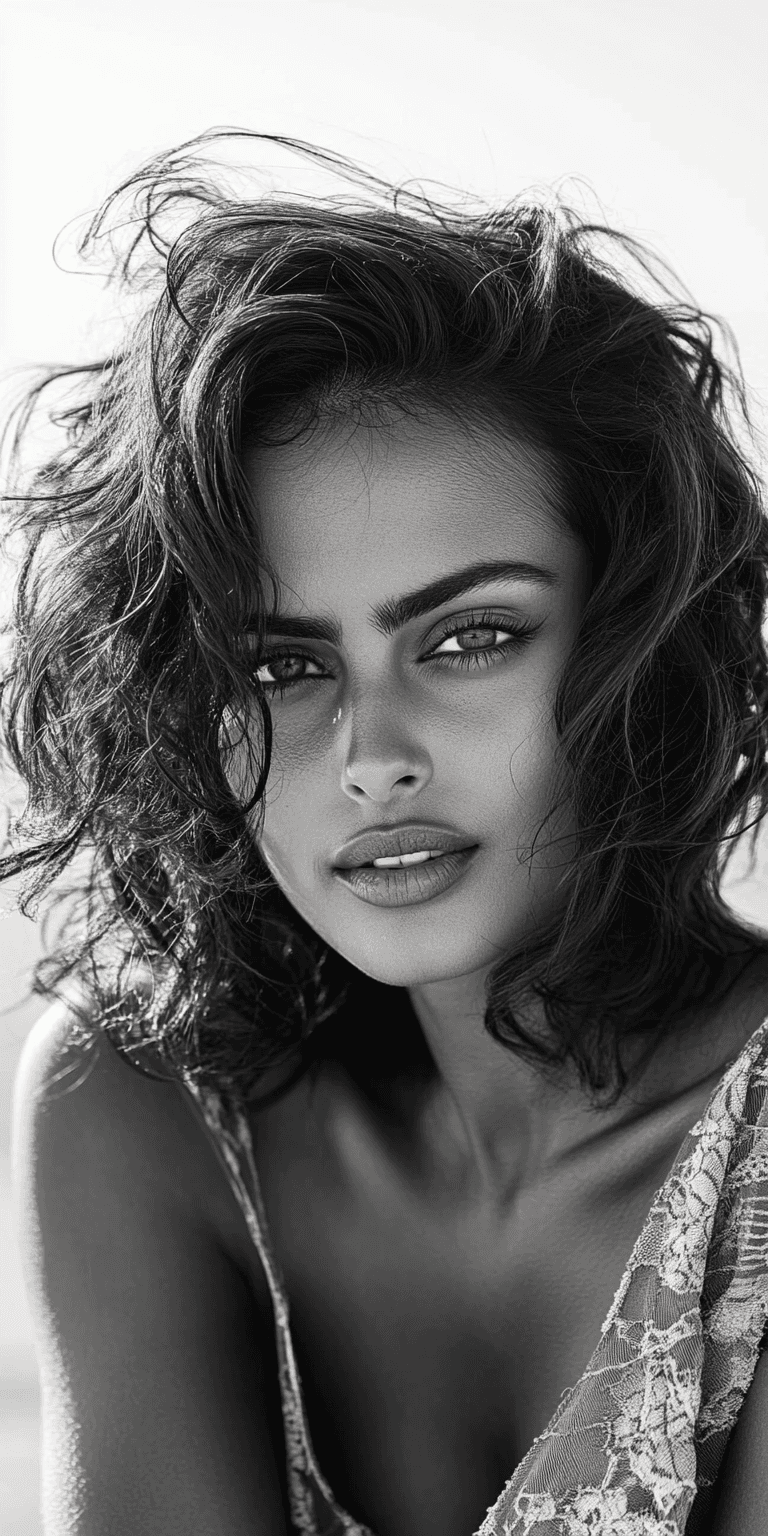 AI generated: hyperrealistic photo of a woman, black and white lace top outfit, desert background, wind in her dar...