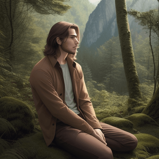 AI generated: A man with brunette hair fading to a light brown is enjoying the quiet and serene afternoon in a mou...