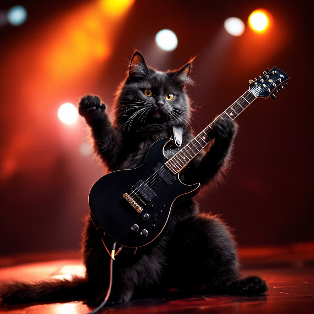 AI generated: Real photograph of a black cat playing an electric guitar, the cat looks like a rocker, it is on a r...