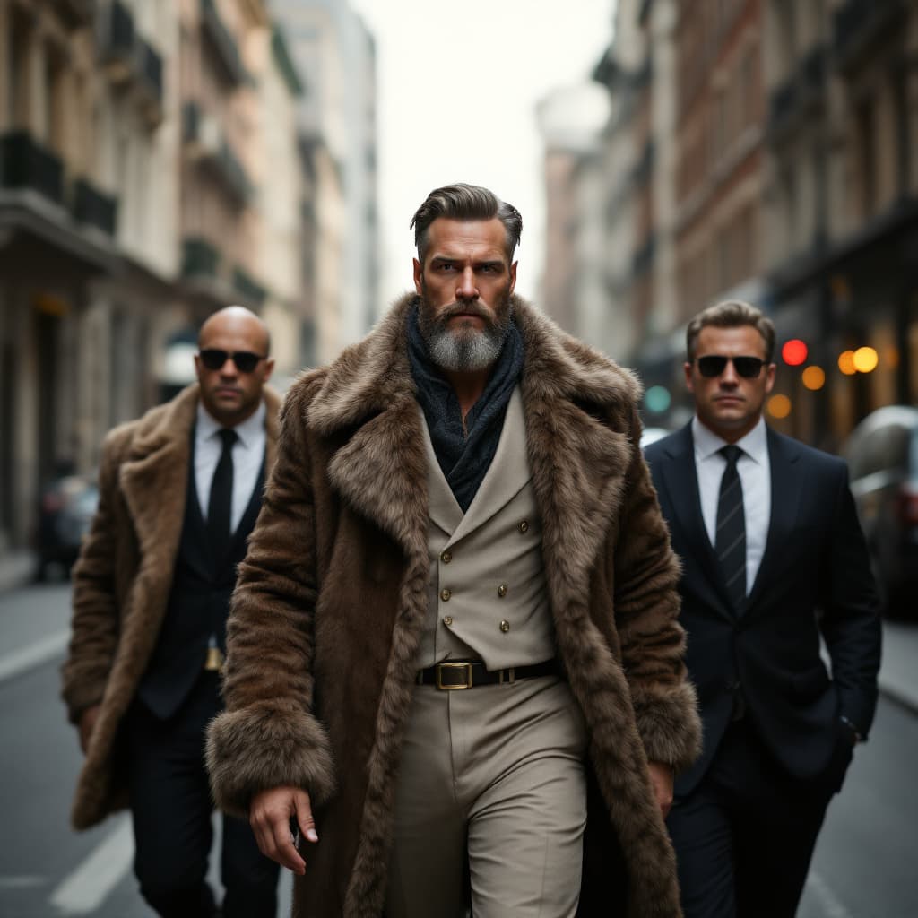 AI generated: A rich and muscular man dressed in furs without a beard or glasses walks along a wide street, accomp...