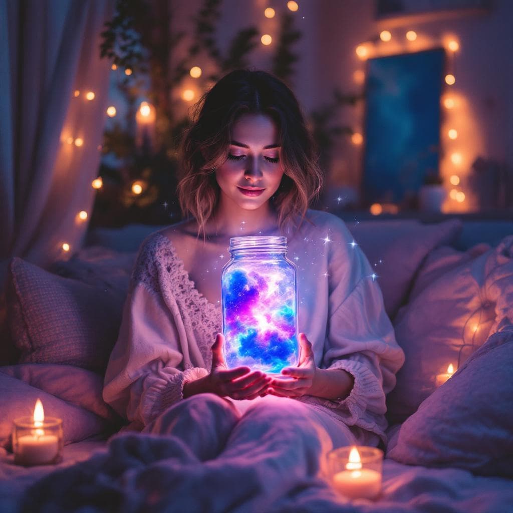 AI generated: <lora:Sparklers magic:1.0> Woman sitting in a cozy room surrounded by soft candlelight, holding a my...