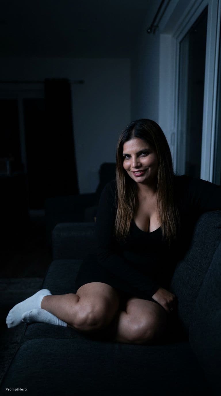 AI generated: looking at me. Sitting on a couch at night(no lights), wearing same cleavage bodycon dress and white...